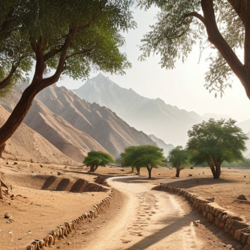 Home 15 **
"Serene landscape with a winding historical footpath in Pakistan. Gentle sunlight filtering through ancient trees, illuminating the path ahead. In the distance, a majestic mountain range fades into a soft, hazy horizon. Focus on the natural beauty and peaceful atmosphere."
**