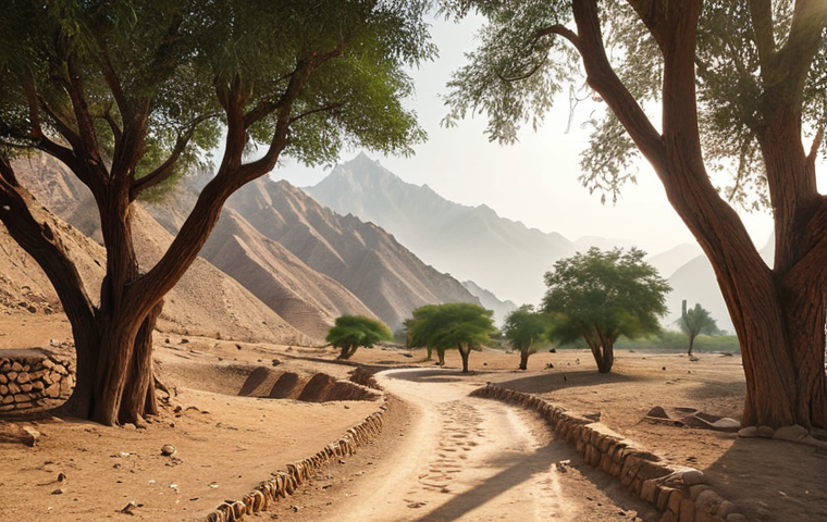 **
"Serene landscape with a winding historical footpath in Pakistan. Gentle sunlight filtering through ancient trees, illuminating the path ahead. In the distance, a majestic mountain range fades into a soft, hazy horizon. Focus on the natural beauty and peaceful atmosphere."
**