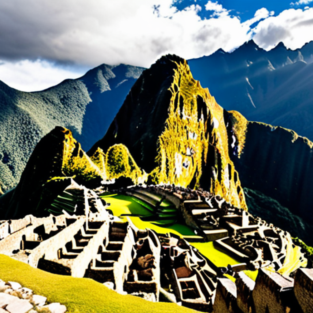 **Image:** A scenic view of Machu Picchu in Peru, highlighting its ancient Inca architecture and mountainous backdrop, with a lone traveler admiring the landscape.