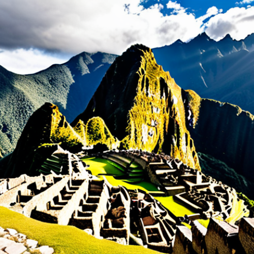 Home 14 **Image:** A scenic view of Machu Picchu in Peru, highlighting its ancient Inca architecture and mountainous backdrop, with a lone traveler admiring the landscape.