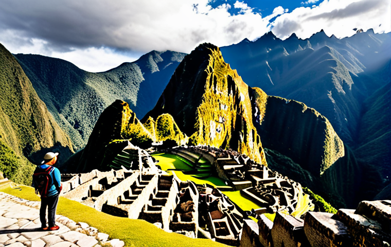 **Image:** A scenic view of Machu Picchu in Peru, highlighting its ancient Inca architecture and mountainous backdrop, with a lone traveler admiring the landscape.