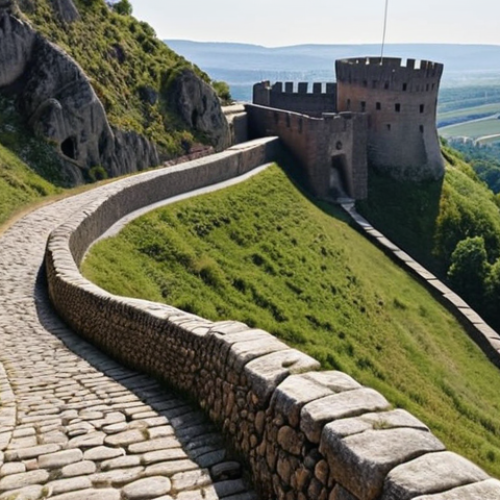 Home 7 **Ancient Fortress on Historical Route:** A scenic view of an old fortress along a historical walking trail. Focus on the cultural heritage and the path winding through the landscape.