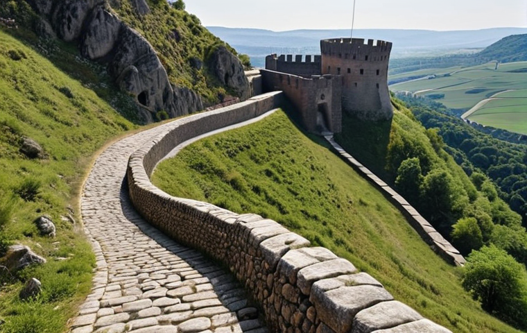 **Ancient Fortress on Historical Route:** A scenic view of an old fortress along a historical walking trail. Focus on the cultural heritage and the path winding through the landscape.